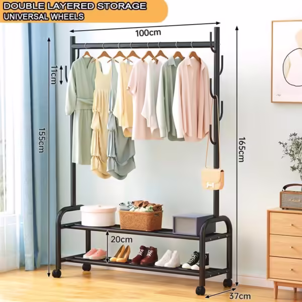 ANAMPION Clothes Rail, Multifunctional Clothes Rack with Wheels & 9 Side Hooks, Metal Clothing Rack with Double Layer Shoe Rack, Clothes Rails for Bedroom for Coats Skirts Shirts Sweaters Bags Shoes - Image 2